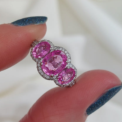 Pink Sapphire and Diamond Three Stone Cluster Dress Ring