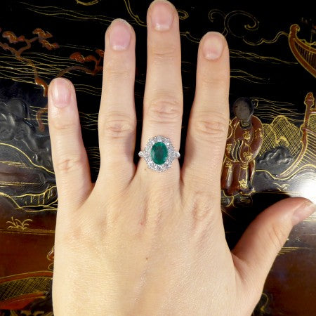 Emerald and Diamond Oval Cluster Ring, 3.45 carat total, in Platinum