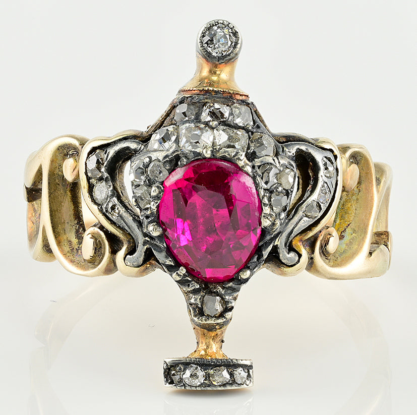 Georgian Antique Natural No Heat Ruby and Diamond Urn Ring Possibly Burma Ruby