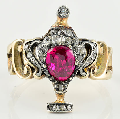 Georgian Antique Natural No Heat Ruby and Diamond Urn Ring Possibly Burma Ruby