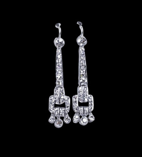 Art Deco Old Cut Diamond Drop Earrings in Platinum; set with 3.72 carats of old-cut diamonds in an articulated geometric design, Circa 1920