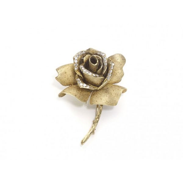 Vintage Mellerio Diamond Gold Rose Brooch, Circa 1960