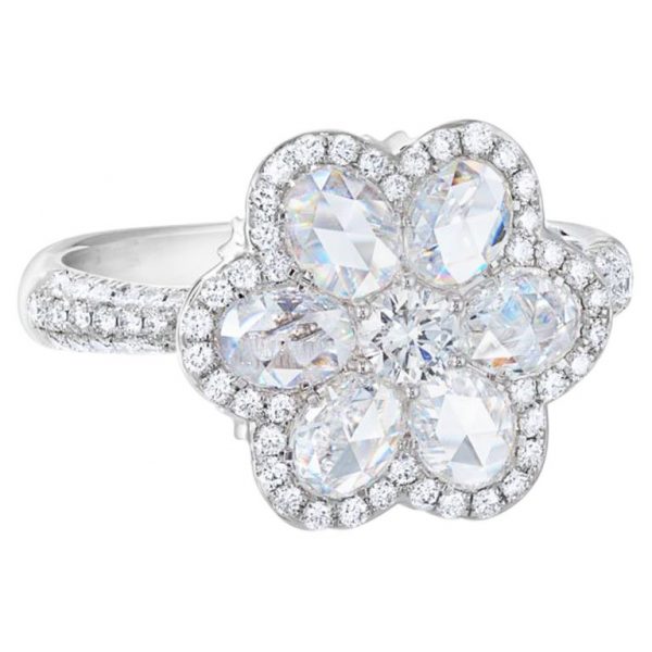 Rose Cut Diamond Flower Cluster Ring, 2.59 carat total, 18ct White Gold