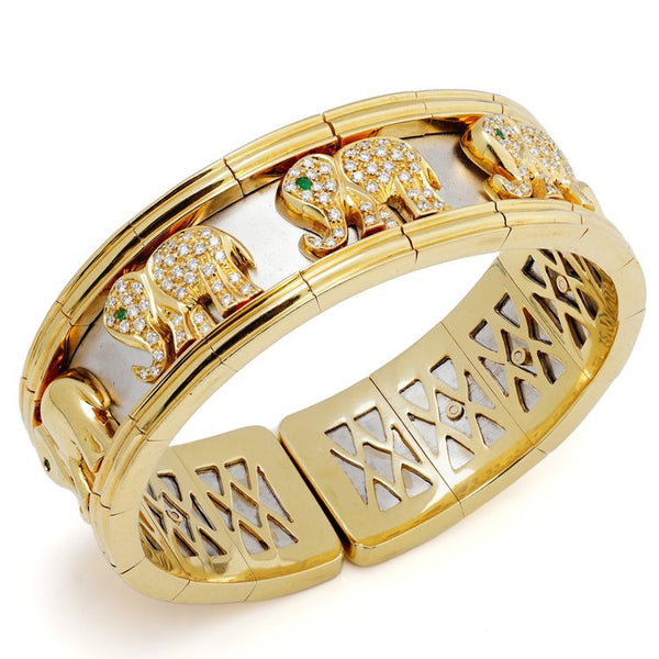 Vintage 18ct Gold Bangle Bracelet with Diamond Set Elephants