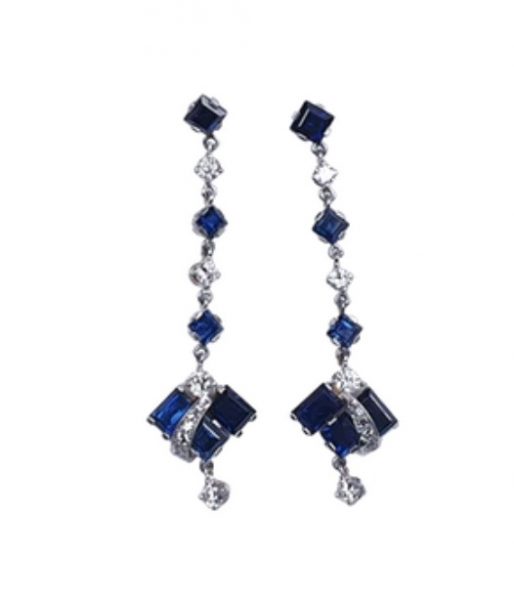 Vintage Geometric Sapphire and Diamond Drop Earrings; set with 4.5cts square and rectangular step-cut sapphires and 1.20cts diamonds, in 18ct white gold, Circa 1950s