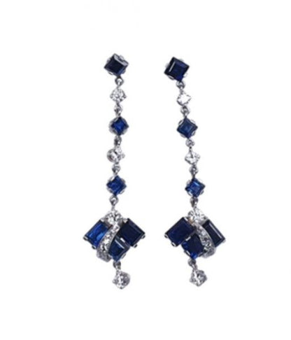 Vintage Geometric Sapphire and Diamond Drop Earrings; set with 4.5cts square and rectangular step-cut sapphires and 1.20cts diamonds, in 18ct white gold, Circa 1950s