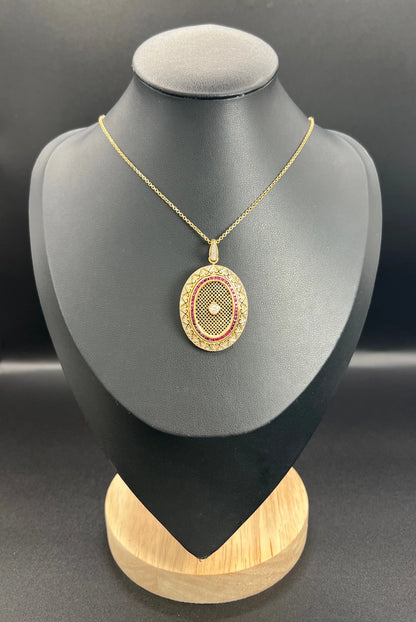 Vintage 18 Carat Gold Stamped Ruby And Diamond Oval Pendant