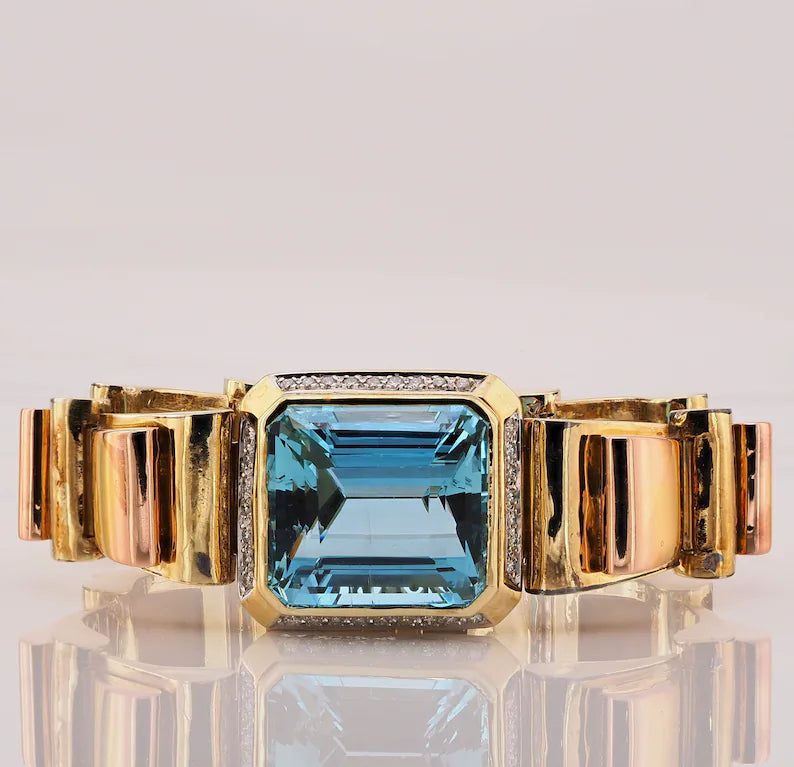Vintage 51ct Aquamarine Diamond and 18ct Gold Tank Bracelet
