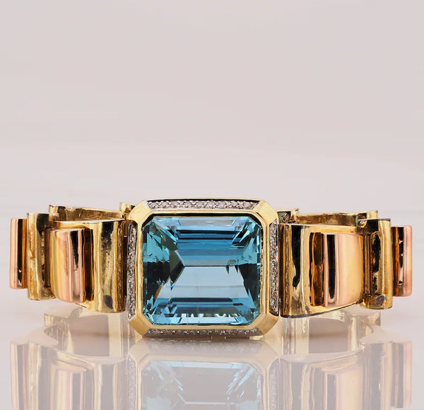 Vintage 51ct Aquamarine Diamond and 18ct Gold Tank Bracelet