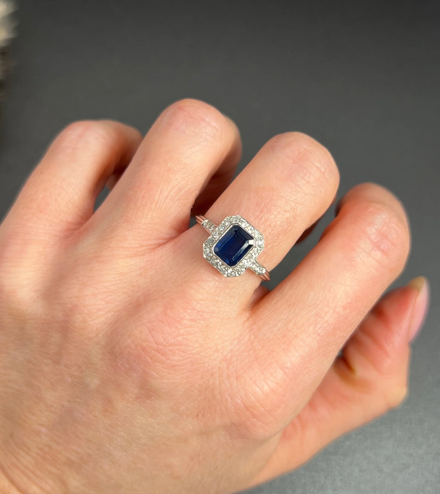 Vintage Art Deco Style Sapphire and Diamond Cluster Engagement Ring in 18ct White Gold