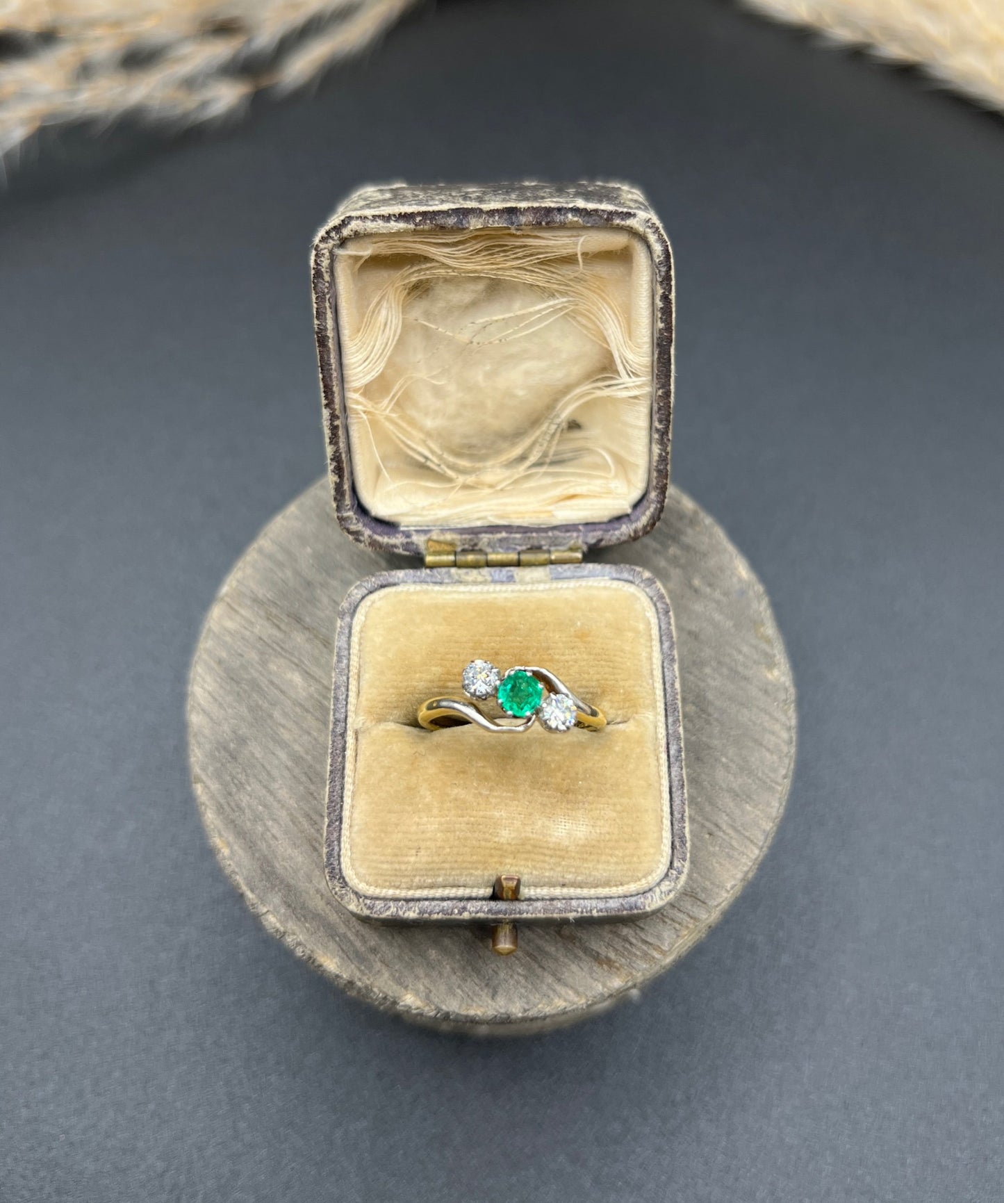 Antique 18 ct Gold And Platinum 1920's Emerald And Diamond Crossover Trilogy Engagement Ring