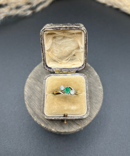 Antique 18 ct Gold And Platinum 1920's Emerald And Diamond Crossover Trilogy Engagement Ring