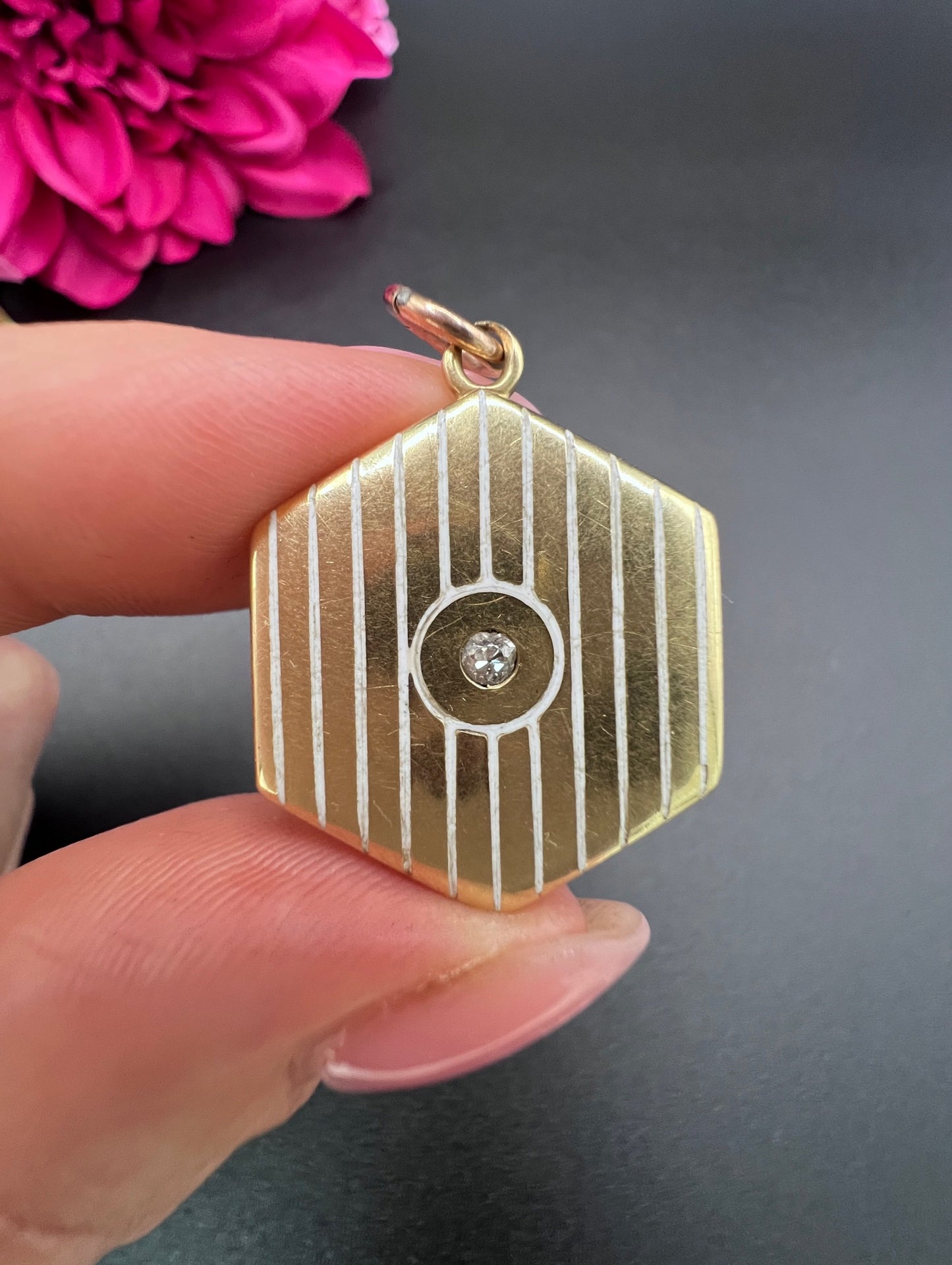 Antique 15ct Yellow Gold, Edwardian era White Enamel Hexagonal Locket