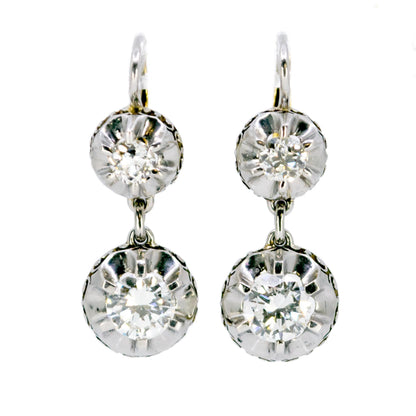 Art Deco 18 Carat Yellow Gold, Platinum and Diamond Double Drop Earrings, 2.10 Carats