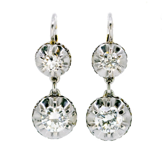 Art Deco 18 Carat Yellow Gold, Platinum and Diamond Double Drop Earrings, 2.10 Carats