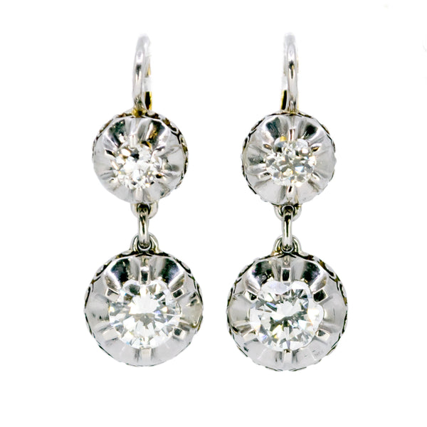 Art Deco 18 Carat Yellow Gold, Platinum and Diamond Double Drop Earrings, 2.10 Carats