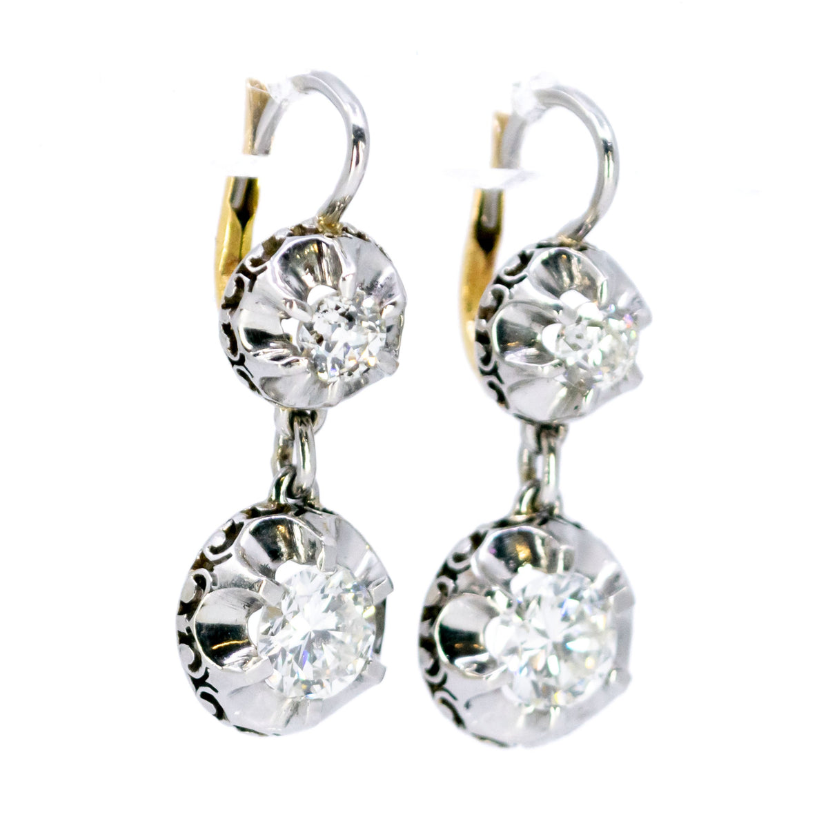 Art Deco 18 Carat Yellow Gold, Platinum and Diamond Double Drop Earrings, 2.10 Carats