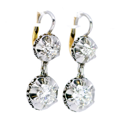 Art Deco 18 Carat Yellow Gold, Platinum and Diamond Double Drop Earrings, 2.10 Carats