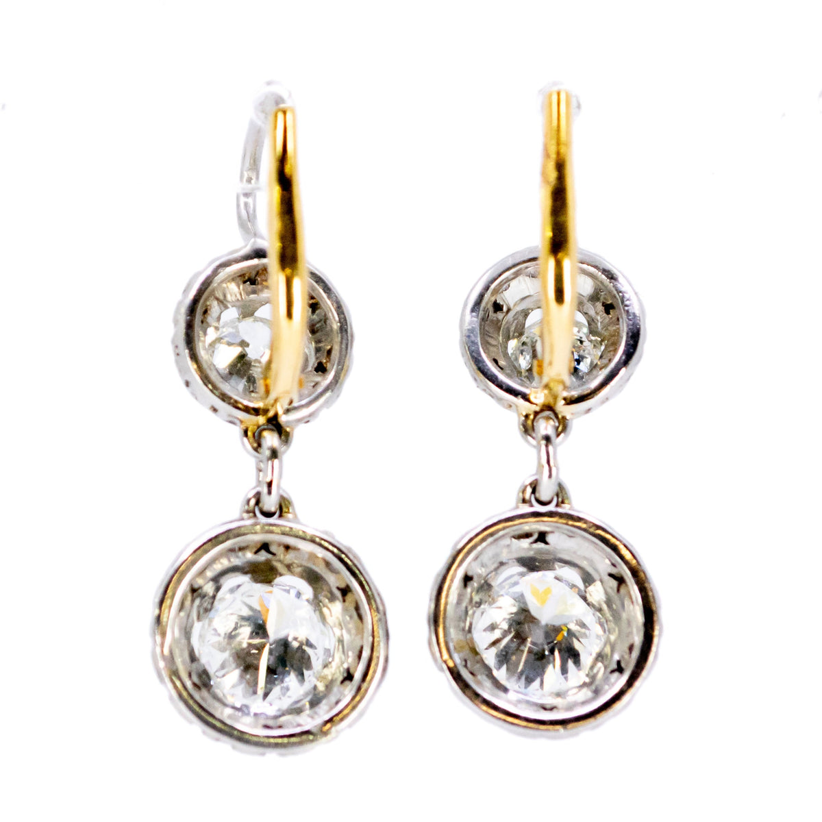 Art Deco 18 Carat Yellow Gold, Platinum and Diamond Double Drop Earrings, 2.10 Carats