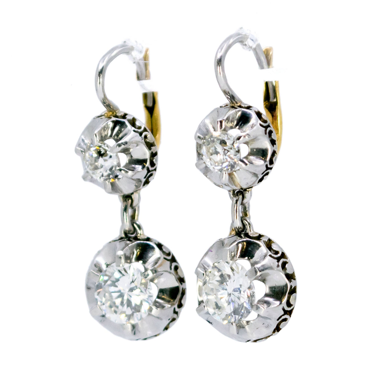 Art Deco 18 Carat Yellow Gold, Platinum and Diamond Double Drop Earrings, 2.10 Carats