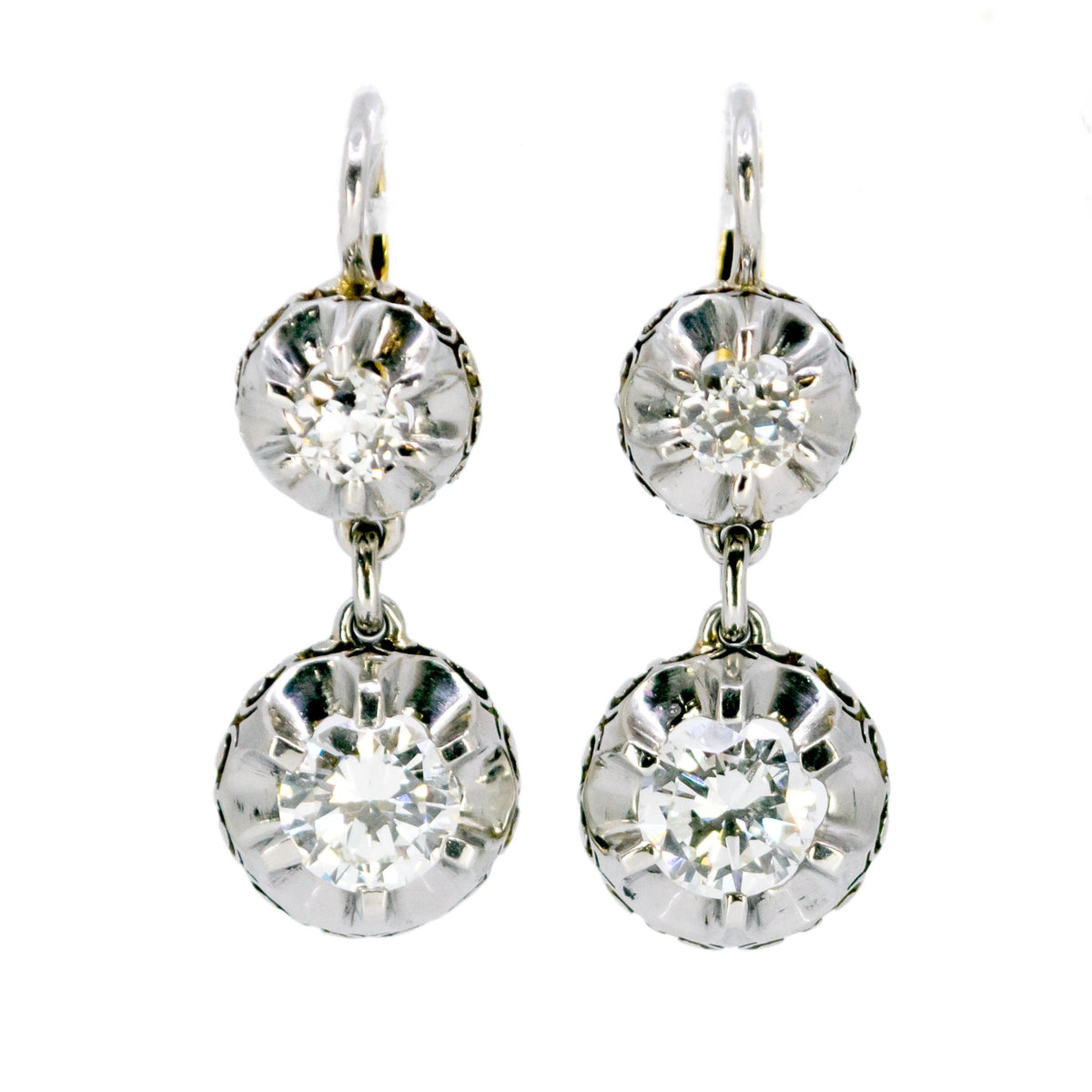 Art Deco 18 Carat Yellow Gold, Platinum and Diamond Double Drop Earrings, 2.10 Carats