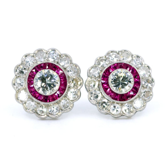 Platinum, Ruby 0.50 Carat and Diamond 1.22 Carats Cluster Stud Earrings
