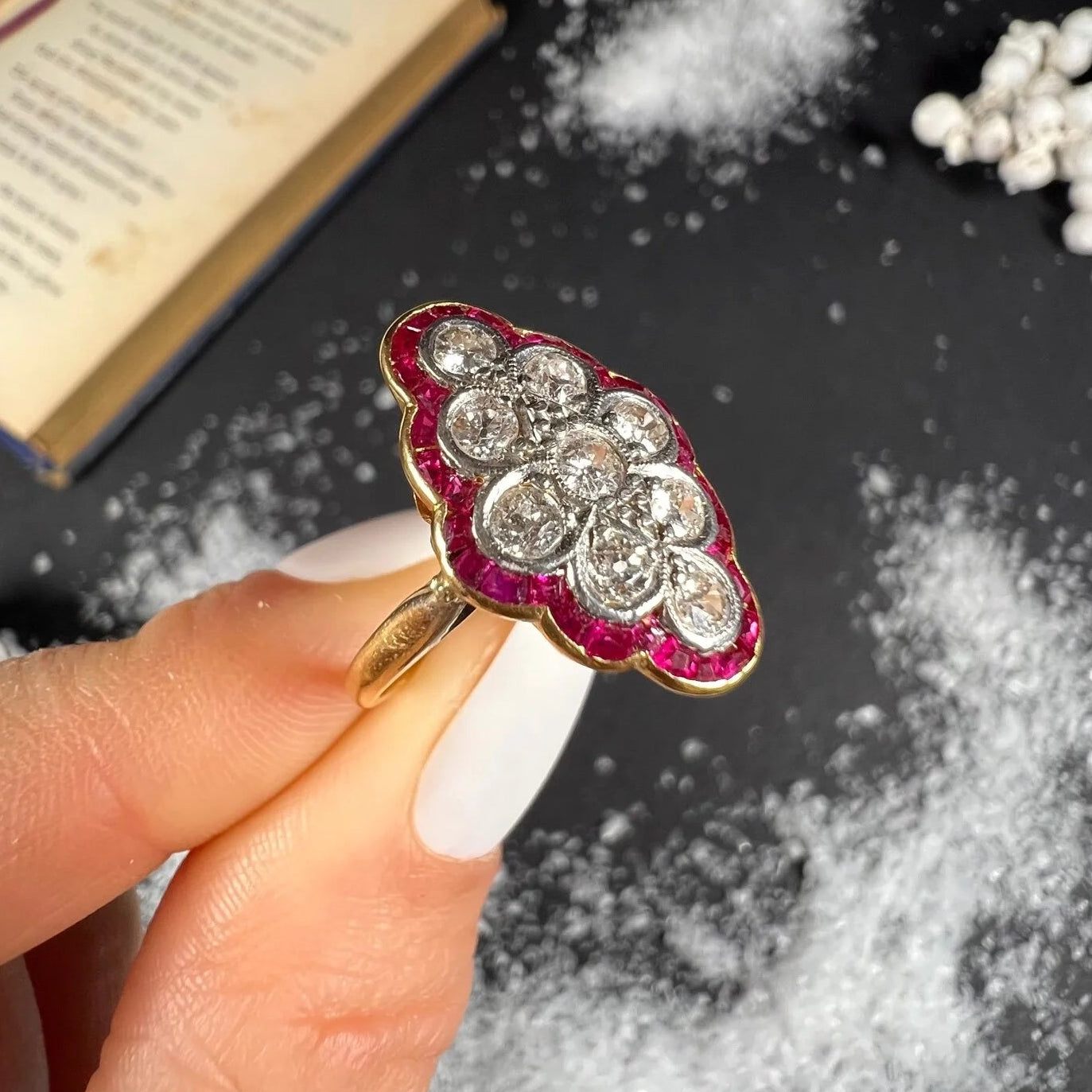Antique French Art Deco Ruby Diamond Marquise Cluster Ring