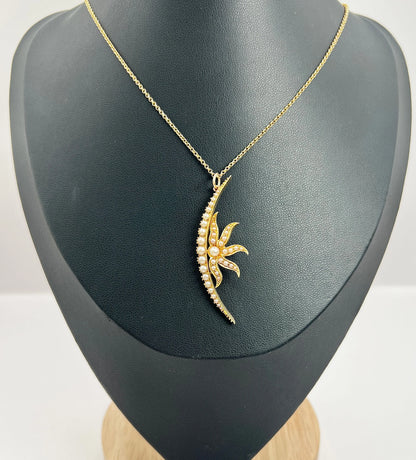 Antique 15 Carat Yellow Gold Seed Pearl Sunburst Crescent Moon Pendant, Circa 1900