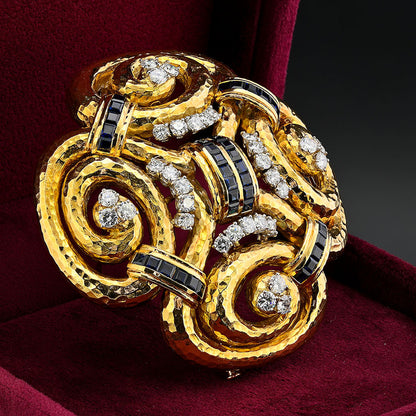 David Webb Ancient World Collection 7ct Sapphire 6.40ct Diamond and Gold Pendant come Brooch