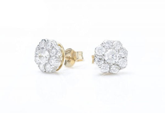 Vintage 1.62ct Diamond Floral Cluster Stud Earrings; classic pair of diamond flower cluster stud earrings, in 18ct yellow gold, Circa 1970s