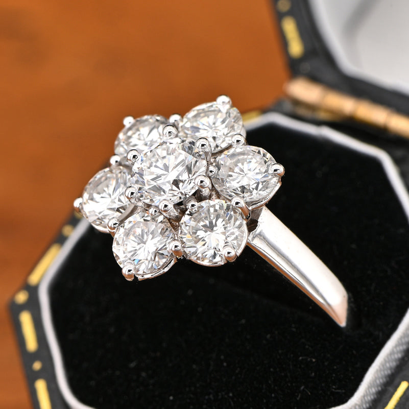 Vintage 1.70ct Diamond Flower Cluster Engagement Ring in 18ct White Gold