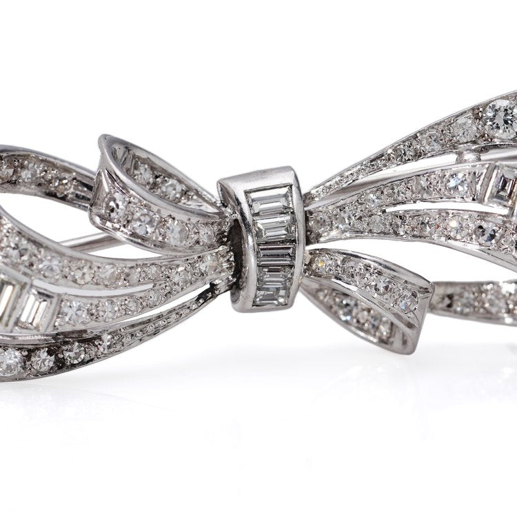 Vintage 2.56ct Brilliant and Baguette Diamond Bow Brooch