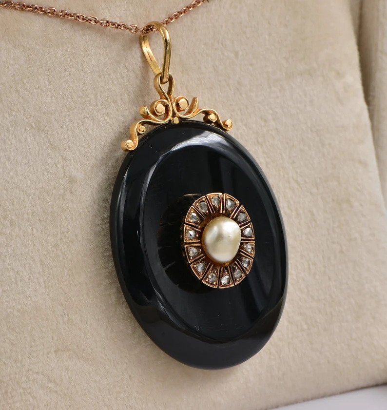 Antique Victorian Natural Pearl Diamond Black Onyx Locket Pendant