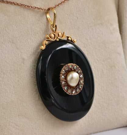 Antique Victorian Natural Pearl Diamond Black Onyx Locket Pendant