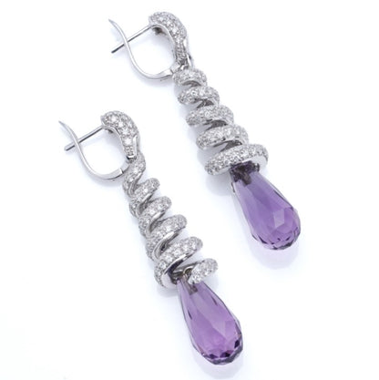 Briolette Cut Amethyst and Diamond Spiral Drop Earrings