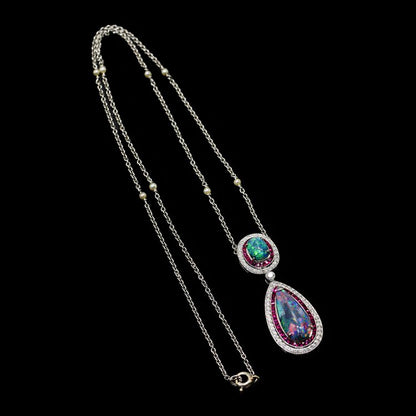 Vintage 4.30cts Black Opal Cluster Pendant with Ruby and Diamond in Platinum seed pearl chain