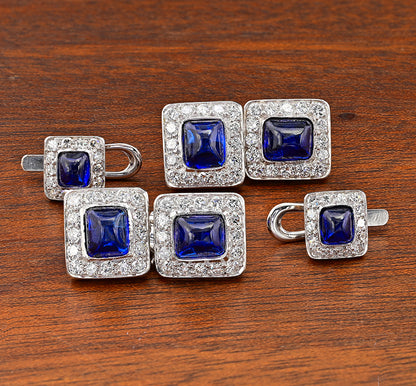 Vintage 11.40ct Sugarloaf Sapphire and Diamond Cluster Cufflinks Suite Dress Set