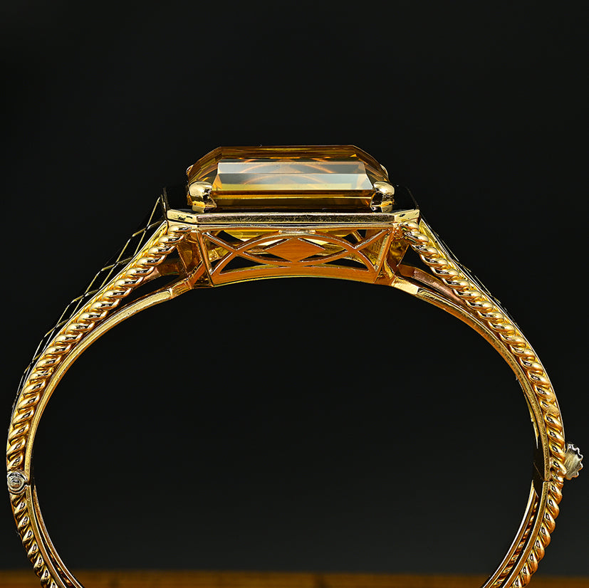 Vintage Retro Italian 33.80ct Natural Citrine and Black Enamel Bangle Bracelet in 18ct Yellow Gold