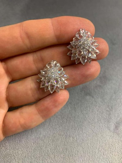Rose Cut Diamond Floral Cluster Stud Earrings, 8.21 carats