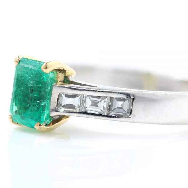Vintage 0.90ct Emerald Cut Colombian Emerald and Diamond Ring in 18ct White Gold, Certified