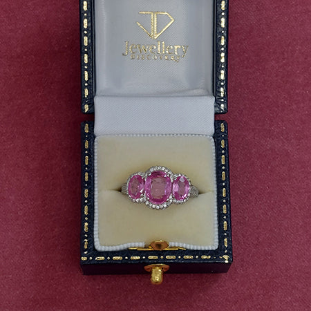Pink Sapphire and Diamond Three Stone Cluster Dress Ring