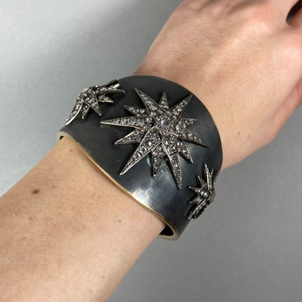 Vintage Rose Cut Diamond Star Cuff Bangle Bracelet in Silver Upon Gold