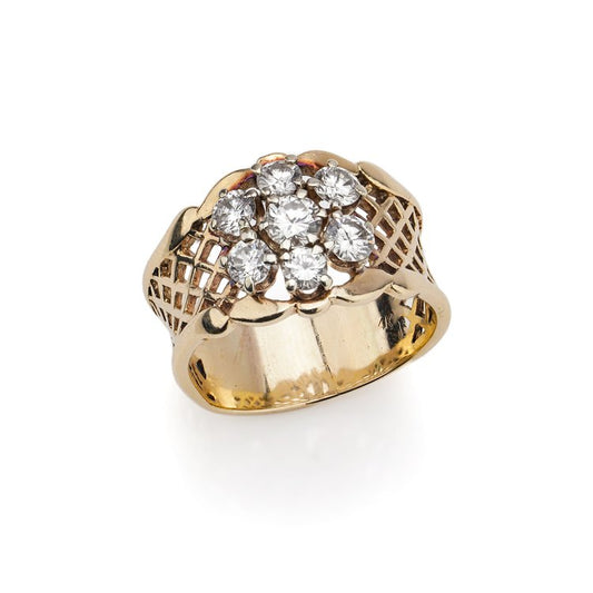 Vintage Pierced Gold Band Ring with 1.85ct Diamond Floral Cluster