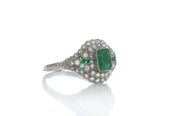 Art Deco Style Emerald, Diamond and Platinum Cluster Dress Ring