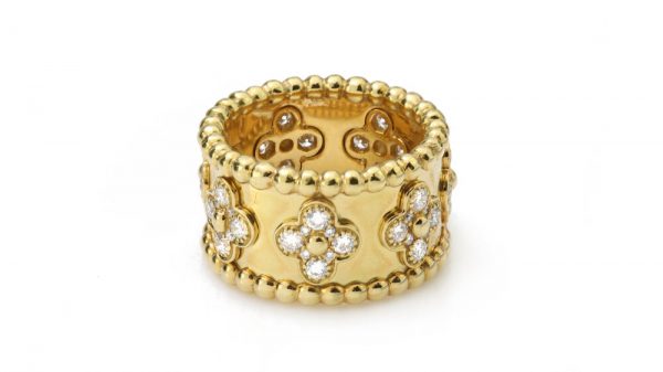 Vintage Van Cleef and Arpels Perlee Clover Floral Diamond Band Ring; 1.40 carats, 18ct yellow gold. Circa 1990s