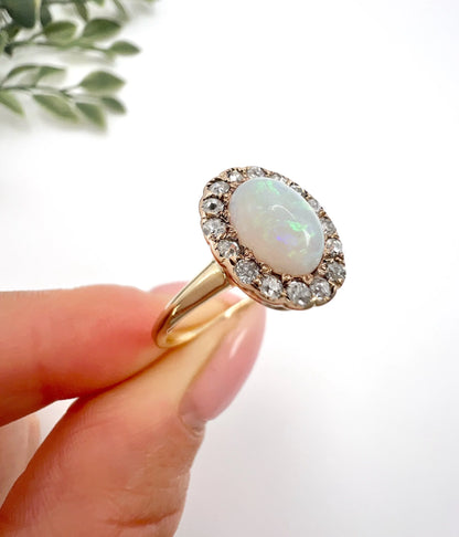 Antique 10 Carat Yellow Gold Victorian Opal And Diamond Cluster Ring