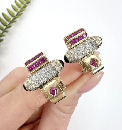 Art Deco Earrings With Old Cut Diamonds, Rubies And Onyx In 18 Carat Yellow And White Gold