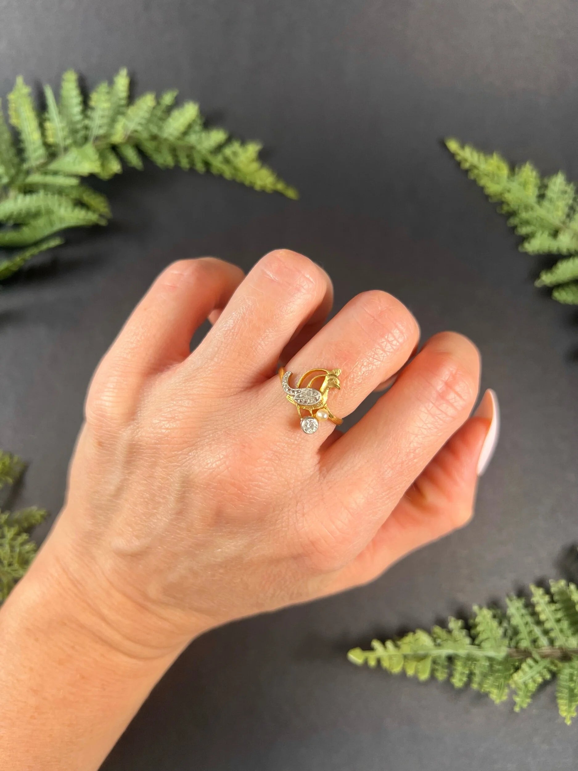 Art Nouveau 18 Carat Gold Old Cut Diamond and Natural Pearl Peacock Bird Ring