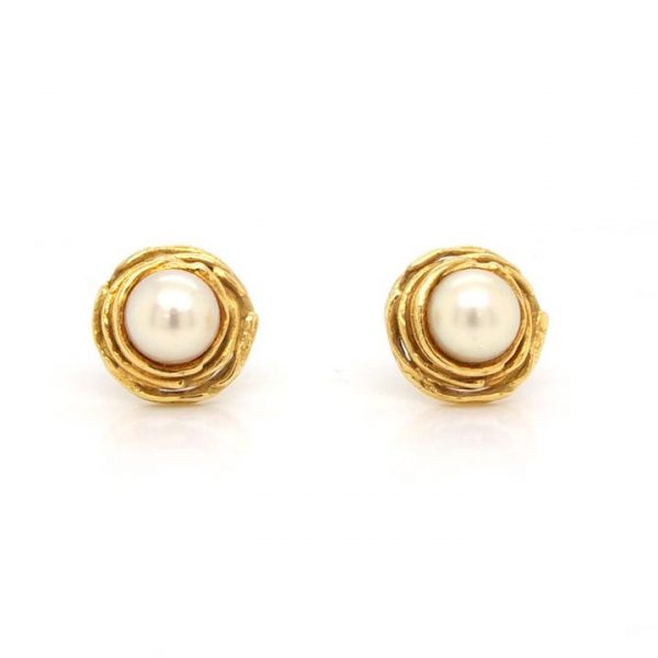 Pair of Vintage Mabe Pearl and 18ct Gold Stud Earrings; mabé cultured pearl stud earrings with a layered 18ct yellow gold surround