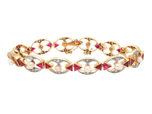 Edwardian Ruby, Diamond and Pearl Bracelet, 15ct Gold and Platinum